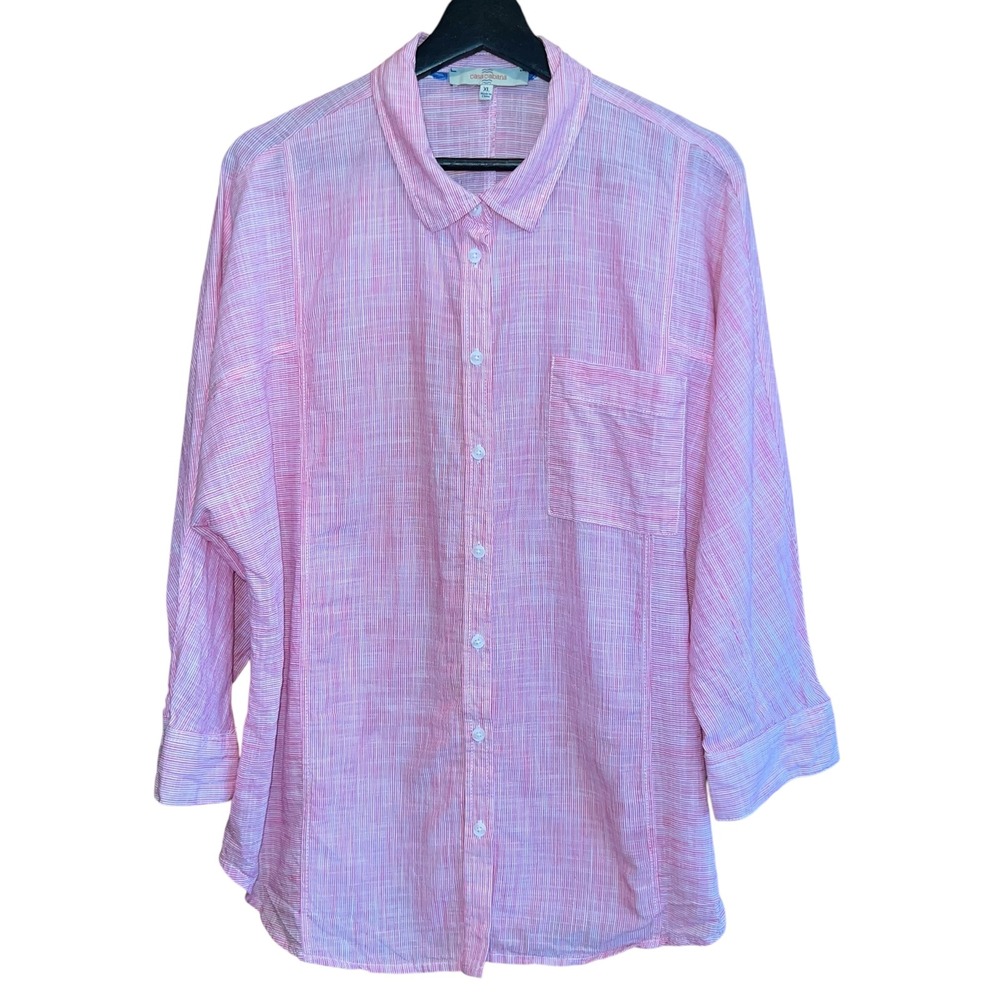 Casa Cabana Button Up Shirt Womens XL Pink‎ Striped 3/4 Dolman Sleeve Pocket
